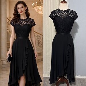 Miusol Womens Black Lace High-Low Cocktail Dress Cap Sleeve Ruffle Size S Gothic